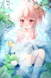 Rule 34 | 1girl, absurdres, blue archive, blush, breasts, collarbone, hair between eyes, halo, highres, long hair, looking at viewer, natsu (blue archive), open mouth, partially submerged, pink hair, pink halo, red eyes, rubber duck, small breasts, solo, teeth bro, water, water drop