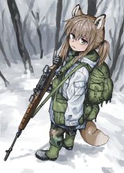 Rule 34 | 1girl, animal ears, backpack, bag, brown eyes, camouflage, camouflage jacket, forest, fox ears, fox girl, fox girl (yihan1949), fox tail, gloves, gun, highres, jacket, looking at viewer, messenger bag, military uniform, nature, original, ponytail, rifle, shoulder bag, sniper rifle, snow, solo, tail, uniform, weapon, weapon request, winter clothes, yihan1949, yihan world