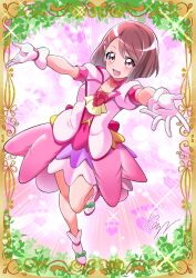 Rule 34 | 1girl, absurdres, ankle boots, artist name, ascot, back bow, bob cut, boots, bow, brown hair, card (medium), choker, commentary request, commission, cure grace, dress, full body, gloves, hair ornament, hairclip, hanadera nodoka, healin&#039; good precure, highres, jacket, leg up, light rays, looking at viewer, magical girl, medium dress, open mouth, partial commentary, pink choker, pink dress, pink jacket, precure, puffy short sleeves, puffy sleeves, purple eyes, reaching, reaching towards viewer, short sleeves, signature, skeb commission, smile, solo, standing, standing on one leg, tirofinire, white footwear, white gloves, yellow ascot
