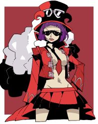 Rule 34 | 1girl, belo betty, breasts, cigarette, dowman sayman, goggles, goggles on headwear, hat, highres, jacket, large breasts, no bra, one piece, open clothes, open jacket, purple hair, short hair, skirt, sunglasses