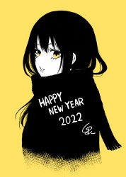 Rule 34 | 1girl, black hair, commentary request, eyelashes, hair between eyes, happy new year, highres, izumi (toubun kata), long hair, looking at viewer, mieruko-chan, new year, parted lips, sidelocks, simple background, solo, upper body, winter clothes, yellow background, yellow eyes, yotsuya miko