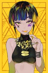 Rule 34 | 1girl, arm at side, bare shoulders, black hair, blonde hair, blue hair, breasts, candy, commentary, crop top, earrings, facial mark, fingernails, food, food in mouth, green eyes, green hair, grey nails, hand up, highres, holding, holding food, jewelry, lam (ramdayo), lollipop, medium breasts, multicolored eyes, multicolored hair, nail polish, original, parted lips, purple eyes, sharp teeth, short hair, sleeveless, solo, symbol-shaped pupils, teeth, upper body