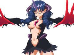 Rule 34 | 1girl, black skirt, blue hair, breasts, dark persona, glasses, gloves, go! princess precure, horns, long hair, microskirt, nanase yui, navel, outstretched hand, precure, prehensile hair, red eyes, red gloves, revealing clothes, skirt, solo, suzu-batsu, twintails, alternate universe, white background