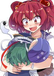 Rule 34 | 2girls, :d, bare arms, between breasts, breast smother, breasts, collarbone, dress, e.o., face to breasts, frilled sleeves, frills, giving up the ghost, gloom (expression), green hair, hair bobbles, hair ornament, hat, head between breasts, height difference, highres, hug, large breasts, looking at another, multiple girls, onozuka komachi, open mouth, red eyes, red hair, shiki eiki, short hair, short sleeves, simple background, skull, smile, touhou, two side up, upper body, white background, yuri