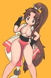 Rule 34 | 1girl, bare shoulders, breasts, brown eyes, brown hair, cleavage, fatal fury, highres, large breasts, long hair, okera, pelvic curtain, ponytail, shiranui mai, sleeveless, the king of fighters, wide hips