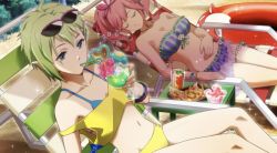 Rule 34 | 10s, 2girls, beach, beach umbrella, bikini, blue eyes, breasts, chair, cleavage, closed eyes, drink, drinking, drinking straw, flower, food, frilled bikini, frills, green hair, hand on own stomach, highres, inflatable toy, jewelry, large breasts, long hair, lounge chair, lying, macross, macross delta, makina nakajima, multiple girls, navel, necklace, official art, on back, pink hair, pointy ears, reina prowler, shaved ice, short hair, sleeping, small breasts, snack, sunglasses, sunglasses on head, swimsuit, twintails, umbrella, uta macross sumaho deculture