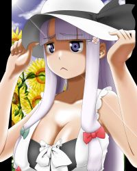 Rule 34 | 1girl, :&lt;, bad id, bad pixiv id, blunt bangs, breasts, cleavage, female focus, flower, hair ornament, hairclip, hat, hat tug, highres, large breasts, patchouli knowledge, purple eyes, purple hair, shigeruoomi, solo, sun, sun hat, sunflower, touhou, upper body