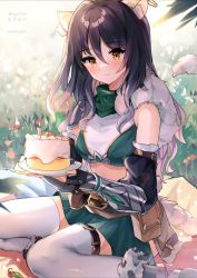 Rule 34 | 1girl, animal ear fluff, animal ears, bare shoulders, black gloves, black hair, breasts, cake, candle, closed mouth, commentary request, commission, elbow gloves, flower, food, gloves, gradient hair, grass, grey hair, grey thighhighs, guzangnanfeng, hair between eyes, hair flower, hair ornament, hand up, highres, holding, holding plate, long hair, looking at viewer, multicolored hair, navel, pink flower, pink rose, plate, princess connect!, ribbed legwear, rose, shiori (princess connect!), signature, simple background, sitting, small breasts, smile, solo, tail, thighhighs, tiger ears, tiger girl, tiger tail, very long hair, wariza, yellow eyes