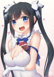 Rule 34 | 10s, 1girl, armpit sex, bad id, bad pixiv id, bar censor, bare shoulders, black hair, blue eyes, blush, bow, bowtie, breast hold, breasts, censored, cleavage, commentary request, dated, disembodied penis, dungeon ni deai wo motomeru no wa machigatteiru darou ka, elbow gloves, gloves, gradient background, gradient eyes, heart, heart-shaped pupils, hestia (danmachi), highres, large breasts, looking at viewer, multicolored eyes, open mouth, penis, penis ribbon, pointless censoring, precum, rei no himo, ribbon, sleeveless, solo, solo focus, symbol-shaped pupils, twintails, ume (rabbit punch), upper body, white gloves