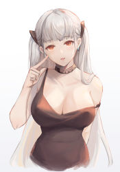 Rule 34 | 1girl, arm at side, azur lane, bare shoulders, blush, breasts, brown choker, brown dress, choker, cleavage, dress, earrings, formidable (azur lane), index finger raised, jewelry, large breasts, long hair, looking at viewer, olin (nienxddd), open mouth, red eyes, silver hair, simple background, sleeveless, sleeveless dress, solo, straight hair, strap slip, very long hair, white background