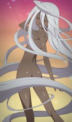 Rule 34 | 10s, 1girl, absurdres, ass, back, butt crack, dark-skinned female, dark skin, doppel (monster musume), female focus, gradient background, highres, long hair, monster girl, monster musume no iru nichijou, smile, solo, standing, stitched, third-party edit, white hair