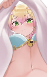 1girl absurdres ayama_nano blonde_hair blue_bra blurry blurry_foreground blush bra breasts closed_mouth clothes_lift commentary_request from_below green_eyes hair_between_eyes highres hololive lifting_own_clothes looking_at_viewer looking_down medium_breasts momosuzu_nene multicolored_hair purple_hair shirt shirt_lift solo streaked_hair undershirt underwear upshirt virtual_youtuber white_shirt