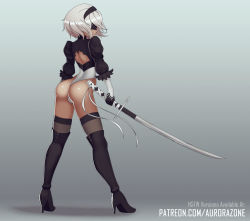 Rule 34 | 1girl, android, artist name, ass, back cutout, black footwear, black gloves, black hairband, black thighhighs, blindfold, bob cut, boots, closed mouth, clothing cutout, facing away, female focus, fighting stance, frilled leotard, frilled sleeves, frills, from behind, full body, gameplay mechanics, gloves, gradient background, grey background, hairband, high collar, high heel boots, high heels, holding, holding sword, holding weapon, katana, knee boots, legs, leotard, long sleeves, mole, mole under mouth, nier:automata, nier (series), shiny skin, silver hair, simple background, skin tight, smile, spread legs, square enix, sword, thighhighs, thong leotard, tight clothes, turning head, weapon, 2b (nier:automata)