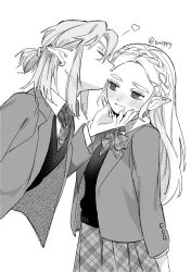 Rule 34 | 1boy, 1girl, black sweater vest, blush, bow, bowtie, braid, closed eyes, collared shirt, crown braid, earrings, greyscale, hair between eyes, hair ornament, hairclip, hand on another&#039;s chin, hetero, highres, jacket, jewelry, kiss, kissing forehead, leaning forward, link, long hair, low ponytail, medium hair, monochrome, nintendo, parted bangs, plaid, plaid skirt, pleated skirt, pointy ears, princess zelda, school uniform, shirt, sidelocks, skirt, sweater vest, the legend of zelda, the legend of zelda: tears of the kingdom, thick eyebrows, turippy, twitter username, upper body, white background, white shirt