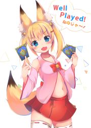 Rule 34 | 1girl, airmisuzu, animal ear fluff, animal ears, bare shoulders, bell, between fingers, blonde hair, blue eyes, blush, bow, breasts, card, cleavage, collarbone, cowboy shot, detached sleeves, english text, eyebrows, facing away, fang, fox ears, fox tail, hair bell, hair between eyes, hair ornament, hair ribbon, hairclip, head tilt, hearthstone, highres, holding, holding card, jingle bell, kemomimi oukoku kokuei housou, long hair, long sleeves, looking at viewer, midriff, miniskirt, navel, nekomasu (kemomimi vr channel), open mouth, pink shirt, playing card, pleated skirt, red bow, red ribbon, red skirt, ribbon, ribbon-trimmed clothes, ribbon-trimmed legwear, ribbon trim, shirt, simple background, skirt, small breasts, solo, speech bubble, standing, stomach, tail, tareme, text focus, thighhighs, triangle, twintails, v-shaped eyebrows, virtual youtuber, warcraft, white background, white thighhighs, wide sleeves, zettai ryouiki
