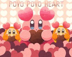 Rule 34 | :o, blue eyes, blush stickers, chocolate, colored skin, english text, heart, heart background, heart in eye, holding, holding heart, kirby, kirby (series), miclot, nintendo, no humans, open mouth, pink background, pink footwear, pink skin, shoes, symbol in eye, valentine, waddle dee, yellow eyes