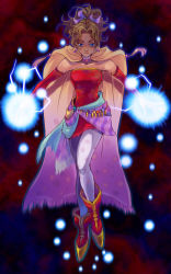 Rule 34 | 1990s (style), 1girl, blonde hair, blue eyes, boots, cape, detached sleeves, dissidia final fantasy, elbow gloves, electricity, energy ball, final fantasy, final fantasy vi, gloves, green hair, high ponytail, long hair, magic, pantyhose, ponytail, redace, ribbon, short ponytail, solo, tina branford