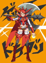 Rule 34 | 1970s (style), 1girl, axe, bad id, bad pixiv id, epic, getter dragon, getter robo, getter robo g, mazingkaizer, mecha musume, oldschool, personification, red hair, retro artstyle, solo, thighhighs, toei animation, weapon, yellow eyes
