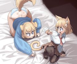 Rule 34 | animal ears, bed, black thighhighs, blonde hair, blue eyes, blush, brown skirt, cat ears, cat girl, cat tail, collared shirt, dog ears, dog girl, dog tail, high-waist skirt, highres, hololive, hololive english, long sleeves, multiple girls, neckerchief, panties, plaid, plaid skirt, red neckerchief, shirt, short hair, skirt, striped clothes, striped panties, sweater, tail, thighhighs, underwear, virtual youtuber, watson amelia, white shirt, zedd (zedgawr)