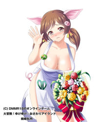 Rule 34 | 1girl, animal ears, apron, bad id, bad pixiv id, bouquet, brown eyes, copyright name, daibouken! yukeyuke osawari island, flower, kuzomochi, naked apron, official art, pig ears, pig nose, pig tail, pin, scissors, short twintails, solo, tail, tears, twintails