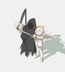 Rule 34 | 1boy, 1other, :&gt;, absurdres, angel, angel wings, avogado6, colored skin, death (entity), feathered wings, halo, highres, holding, holding scythe, jacket, long sleeves, original, pants, scythe, selfie, selfie stick, shadow, shoes, smile, w, white background, white eyes, white footwear, white hair, white jacket, white pants, white skin, white wings, wings