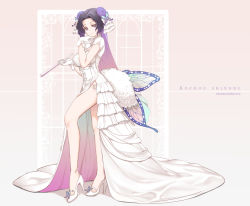 Rule 34 | 1girl, artist name, black hair, breasts, brown background, butterfly hair ornament, character name, cleavage, closed mouth, commentary, dishwasher1910, dress, english commentary, flower, folded fan, folding fan, forehead, gradient hair, hair flower, hair ornament, hand fan, high heels, highres, holding, holding fan, kimetsu no yaiba, kochou shinobu, large breasts, looking at viewer, multicolored hair, parted bangs, purple eyes, purple flower, purple hair, shoes, short sleeves, smile, solo, standing, white dress, white footwear