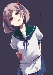 Rule 34 | 1girl, apron, arms behind back, blue neckwear, blue sailor collar, blue skirt, commentary, empty eyes, hair bobbles, hair ornament, half-closed eyes, highres, johssnny, kantai collection, open mouth, pink eyes, pink hair, purple background, sailor collar, sazanami (kancolle), sazanami kai (kancolle), school uniform, serafuku, short sleeves, short twintails, simple background, skirt, solo, translated, twintails, waist apron, white apron