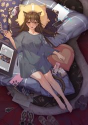 Rule 34 | 1girl, absurdres, animal ears, barefoot, blue shirt, book, bottle, breasts, brown hair, cat ears, cat girl, cellphone, chinese commentary, commentary request, drawing tablet, earphones, earrings, eraser, feet, headphones, heart, heart-shaped pillow, highres, indoors, jewelry, long hair, lying, medium breasts, on back, open mouth, original, panties, unworn panties, paper, paw print, pen, phone, pillow, shirt, shoes, unworn shoes, short sleeves, slippers, slit pupils, smartphone, solo, stylus, tablet pc, tail, teeth, type-moon fans, underwear, yellow eyes