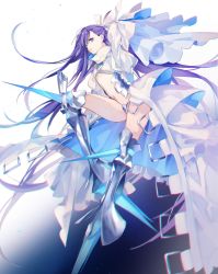 Rule 34 | 1girl, absurdres, armor, blue background, blue eyes, bow, coat, expressionless, fate/grand order, fate (series), full body, gradient background, hair bow, highres, long hair, looking at viewer, meltryllis (fate), meltryllis (third ascension) (fate), navel, peneko, purple hair, revealing clothes, simple background, sleeves past wrists, solo, spikes, white background, white bow, white coat