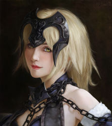 Rule 34 | 1girl, blonde hair, breasts, brown background, chain, chinese commentary, closed mouth, commentary, commentary request, elvafirst, english commentary, fate/grand order, fate (series), headpiece, highres, jeanne d&#039;arc alter (fate), large breasts, lips, long hair, looking at viewer, mixed-language commentary, portrait, realistic, signature, smile, solo, upper body, yellow eyes