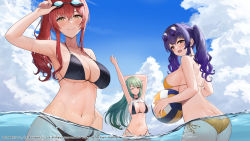 Rule 34 | 3girls, :d, adjusting eyewear, arm up, arms up, ass, ayul (ayulneri 92), azur lane, ball, beachball, bikini, black bikini, blue sky, blush, breasts, butt crack, cleavage, closed mouth, cloud, commentary request, copyright notice, day, dot nose, eyewear on head, goggles, goggles on head, green hair, grin, hand on eyewear, highres, holding, holding ball, large breasts, littorio (azur lane), littorio (the glory of naples) (azur lane), long hair, looking at viewer, multiple girls, navel, official alternate costume, official art, one eye closed, open mouth, outdoors, partially submerged, partially underwater shot, pola (azur lane), pola (seaside coincidence) (azur lane), purple hair, red eyes, red hair, side-tie bikini bottom, side ponytail, sideboob, sky, smile, stomach, sunglasses, swimsuit, twintails, underboob, underwater, volleyball, volleyball (object), wading, water, wet, yellow bikini, yellow eyes, zara (azur lane), zara (poolside coincidence) (azur lane)