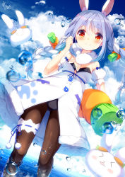 Rule 34 | 1girl, animal ear fluff, animal ears, bare shoulders, black leotard, blue hair, blue sky, blush, bow, braid, brown pantyhose, carrot hair ornament, chinomaron, closed mouth, cloud, cloudy sky, commentary request, day, detached sleeves, don-chan (usada pekora), dress, food-themed hair ornament, hair between eyes, hair bow, hair ornament, hand up, highres, hololive, leotard, looking at viewer, multicolored hair, outdoors, pantyhose, pekomon (usada pekora), puffy short sleeves, puffy sleeves, rabbit-shaped pupils, rabbit ears, red eyes, short eyebrows, short sleeves, signature, sky, smile, strapless, strapless dress, strapless leotard, stuffed carrot, stuffed toy, symbol-shaped pupils, thick eyebrows, twin braids, twintails, two-tone hair, usada pekora, usada pekora (1st costume), virtual youtuber, water, water drop, white bow, white dress, white hair, white sleeves