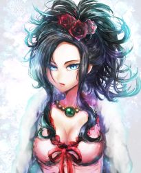 Rule 34 | 1girl, bad id, bad pixiv id, black hair, blue eyes, breasts, cleavage, deborah (dq5), dragon quest, dragon quest v, eyelashes, feather boa, flower, gem, gotou (goto sep), hair flower, hair ornament, jewelry, large breasts, long hair, looking at viewer, mole, mole under eye, necklace, open mouth, red flower, red ribbon, red rose, ribbon, ringed eyes, rose, sidelocks, solo, upper body