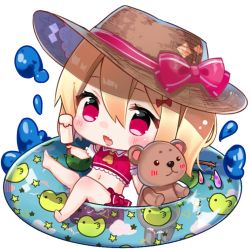 Rule 34 | 1girl, adapted costume, alternate headwear, bare legs, bare shoulders, barefoot, blonde hair, blush, bow, brown hat, chibi, chick print, commentary request, crop top, detached sleeves, fang, flandre scarlet, food, full body, hair between eyes, hat, hat bow, holding, holding food, innertube, midriff, natsuki (ukiwakudasai), navel, open mouth, popsicle, puffy short sleeves, puffy sleeves, red bow, red eyes, red skirt, red vest, short sleeves, side ponytail, simple background, sitting, skirt, solo, stomach, stuffed animal, stuffed toy, swim ring, teddy bear, thighs, touhou, vest, white background, wings