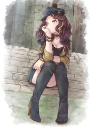 Rule 34 | 1girl, black footwear, black hat, boots, bored, bracelet, breasts, brown hair, cabbie hat, choker, cleavage, convenient leg, dorothea arnault, dress, earrings, fire emblem, fire emblem: three houses, fringe trim, full body, green eyes, hat, head rest, high heel boots, high heels, highres, jewelry, knees together feet apart, limitless skye, long hair, looking away, looking to the side, medium breasts, nintendo, short dress, simple background, sitting, sitting on stairs, solo, stairs, thigh boots, thighhighs, uniform, vignetting, wavy hair
