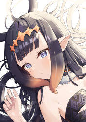 Rule 34 | 1girl, absurdres, bare shoulders, black hair, blue eyes, blunt bangs, blush, collarbone, commentary, expressionless, flat chest, fur trim, gradient hair, highres, hololive, hololive english, looking away, looking to the side, mole, mole under eye, multicolored hair, ninomae ina&#039;nis, ninomae ina&#039;nis (1st costume), orange hair, pointy ears, simple background, solo, strapless, syhan, tentacle hair, upper body, virtual youtuber, white background
