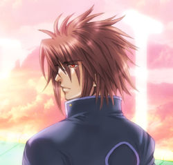 Rule 34 | 00s, 1boy, artist request, brown hair, cloud, kratos aurion, lowres, male focus, messy hair, orange eyes, profile, red eyes, short hair, sky, solo, spiked hair, sunset, tales of (series), tales of symphonia
