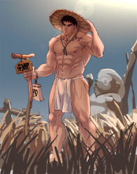 Rule 34 | 1boy, abs, alternate costume, bara, black hair, bulge, feet out of frame, grass, hat, highres, loincloth, looking to the side, male focus, muscular, muscular male, navel, nipples, outdoors, pectorals, ryu (street fighter), short hair, solo, standing, stomach, straw hat, street fighter, sunlight, sweat, thick eyebrows, thighs, topless male, translation request, yuiofire
