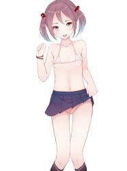 Rule 34 | 10s, 1girl, bare shoulders, bikini, blue skirt, bracelet, breasts, clothes lift, collarbone, hair bobbles, hair ornament, highres, jewelry, kadokawa shoten, kantai collection, kiyomin, looking at viewer, navel, open mouth, petite, pink eyes, pink hair, pleated skirt, sazanami (kancolle), short hair, simple background, skirt, skirt lift, small breasts, smile, solo, standing, swimsuit, teeth, thigh gap, twintails, upper body, white background