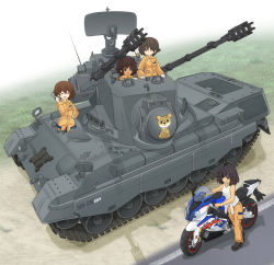Rule 34 | 10s, 4girls, anti-aircraft, anti-aircraft gun, autocannon, black footwear, blue eyes, brown eyes, brown hair, cannon, closed eyes, clothes pull, commentary request, dark-skinned female, dark skin, day, emblem, fading, flakpanzer gepard, flugabwehrkanonenpanzer gepard, freckles, girls und panzer, gloves, grass, green eyes, hand on own hip, highres, holding, hoshino (girls und panzer), jumpsuit, leopon (animal), long sleeves, looking at another, mechanic, mikeran (mikelan), military, military vehicle, motor vehicle, motorcycle, multiple girls, nakajima (girls und panzer), oerlikon gdf, oerlikon gdf 35 mm twin cannon, open mouth, orange jumpsuit, outdoors, partial commentary, road, self-propelled anti-aircraft-gun, self-propelled anti-aircraft weapon, self-propelled gun, shadow, shirt, shirt pull, shoes, short hair, smile, sport bike, standing, suzuki (girls und panzer), tank, tank top, tied shirt, tsuchiya (girls und panzer), turret, uniform, vehicle request, white gloves, white shirt