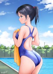 Rule 34 | 1girl, artist name, ass, back cutout, black hair, blue eyes, blue sky, blue one-piece swimsuit, bush, chain-link fence, clothing cutout, cloud, commentary request, competition swimsuit, cowboy shot, day, fence, hanafuda sakura, long hair, one-piece swimsuit, orange towel, original, ponytail, pool, profile, sky, solo, swimsuit, twitter username