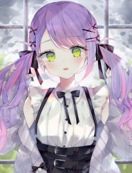 Rule 34 | 1girl, absurdres, bare shoulders, blush, cardigan, collared shirt, cross, cross earrings, ear piercing, earrings, fang, frills, green eyes, hair ornament, hair ribbon, hairclip, hands up, highres, hololive, jewelry, long hair, long sleeves, looking at viewer, low twintails, mismatched earrings, multicolored hair, multiple earrings, off shoulder, open mouth, piercing, pink hair, purple hair, ribbon, shigureszku, shirt, short sleeves, skirt, sleeves past wrists, smile, solo, suspender skirt, suspenders, swept bangs, tokoyami towa, twintails, two-tone hair, virtual youtuber, wavy hair, window