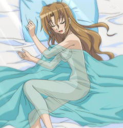 Rule 34 | 1girl, bed, blush, breasts, brown hair, closed eyes, female focus, hayate no gotoku!, legs, long hair, maria (hayate no gotoku!), nipples, nude, nude filter, open mouth, sleeping, solo, thighs, third-party edit