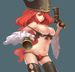 Rule 34 | 1girl, bi ge xing, breasts, gun, hat, highres, league of legends, long hair, looking at viewer, nipples, pirate, pirate hat, red eyes, red hair, miss fortune (league of legends), solo, thighhighs, weapon