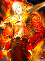 Rule 34 | 1boy, absurdres, belt bra, blue eyes, coat, dante (devil may cry), devil may cry, devil may cry (series), devil may cry 3, fire, flame print, gloves, highres, holding, holding weapon, looking at viewer, male focus, muscular, muscular male, pyrokinesis, rebellion (sword), red coat, red theme, solo, standing, sword, torch, upper body, weapon, white hair