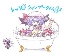 Rule 34 | 6+girls, :q, animal ears, aokukou, ascot, bat wings, bathtub, blank eyes, blonde hair, blue hair, cat ears, cat tail, claw foot bathtub, commentary request, embodiment of scarlet devil, flandre scarlet, fleeing, flying sweatdrops, grey hair, hat, hat ribbon, hong meiling, izayoi sakuya, koakuma, light blush, long hair, mob cap, multiple girls, open mouth, partially submerged, patchouli knowledge, pink headwear, purple hair, red ascot, red eyes, red hair, remilia scarlet, ribbon, short hair, short sleeves, siblings, sisters, smile, soap bubbles, solid circle eyes, spilling, tail, tongue, tongue out, touhou, translation request, water, wings