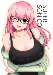 Rule 34 | 1girl, ;d, absurdres, bad id, bad pixiv id, bare shoulders, bespectacled, blush, breast hold, breasts, cleavage, crossed arms, glasses, highres, large breasts, logo, long hair, looking at viewer, nitroplus, no headwear, one eye closed, open mouth, pink eyes, pink hair, sasanoha toro, smile, solo, super sonico, tank top