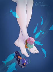 Rule 34 | 1girl, absurdres, blue background, blue footwear, chinese commentary, commentary request, crossed legs, dated, feet, feet on toy, food, foot focus, genshin impact, highres, holding, holding food, holding with feet, ice cream, ice cream cone, jewelry, legs, lens flare, melting, out of frame, sandals, sangonomiya kokomi, shadow, shiny clothes, signature, thighhighs, toe ring, toes, triple scoop, unworn sandal, unworn sandals, waffle cone, white thighhighs, xhb