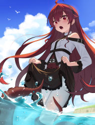 Rule 34 | 1girl, ahoge, bare shoulders, black hairband, black skirt, blue sky, blush, breasts, child (isoliya), cloud, cloudy sky, commentary request, day, eris greyrat, eyebrows hidden by hair, frilled skirt, frills, hair between eyes, hairband, highres, long hair, long sleeves, looking at viewer, mushoku tensei, open mouth, outdoors, pantyhose, red eyes, red hair, shirt, skirt, skirt hold, sky, small breasts, solo, suction cups, sweat, tentacles, very long hair, wading, water, white pantyhose, white shirt