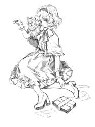 Rule 34 | 1girl, 80isiiii, absurdres, alice margatroid, book, capelet, closed mouth, dress, full body, greyscale, grimoire of alice, hairband, high heels, highres, lolita hairband, monochrome, shanghai doll, short hair, simple background, sketch, solo, touhou, white background, wrist cuffs